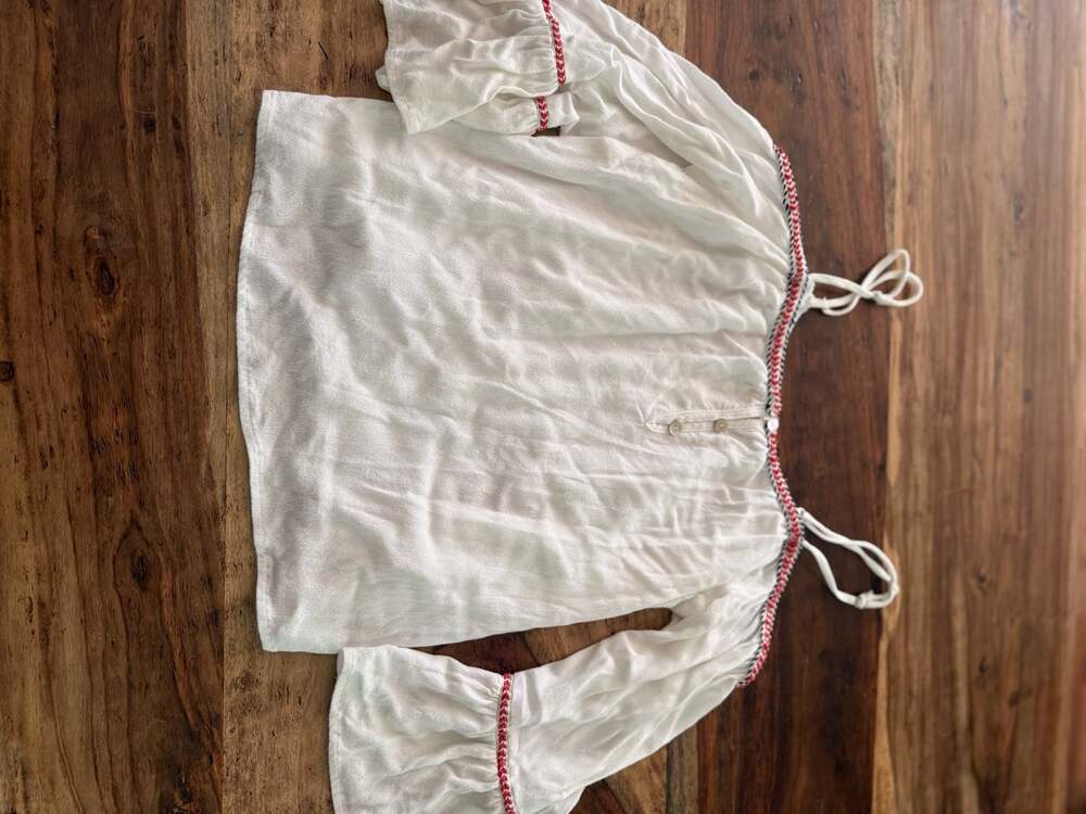 Lovestitch Off-the-Shoulder Red Embroidered Trim Bell Sleeves cottage core